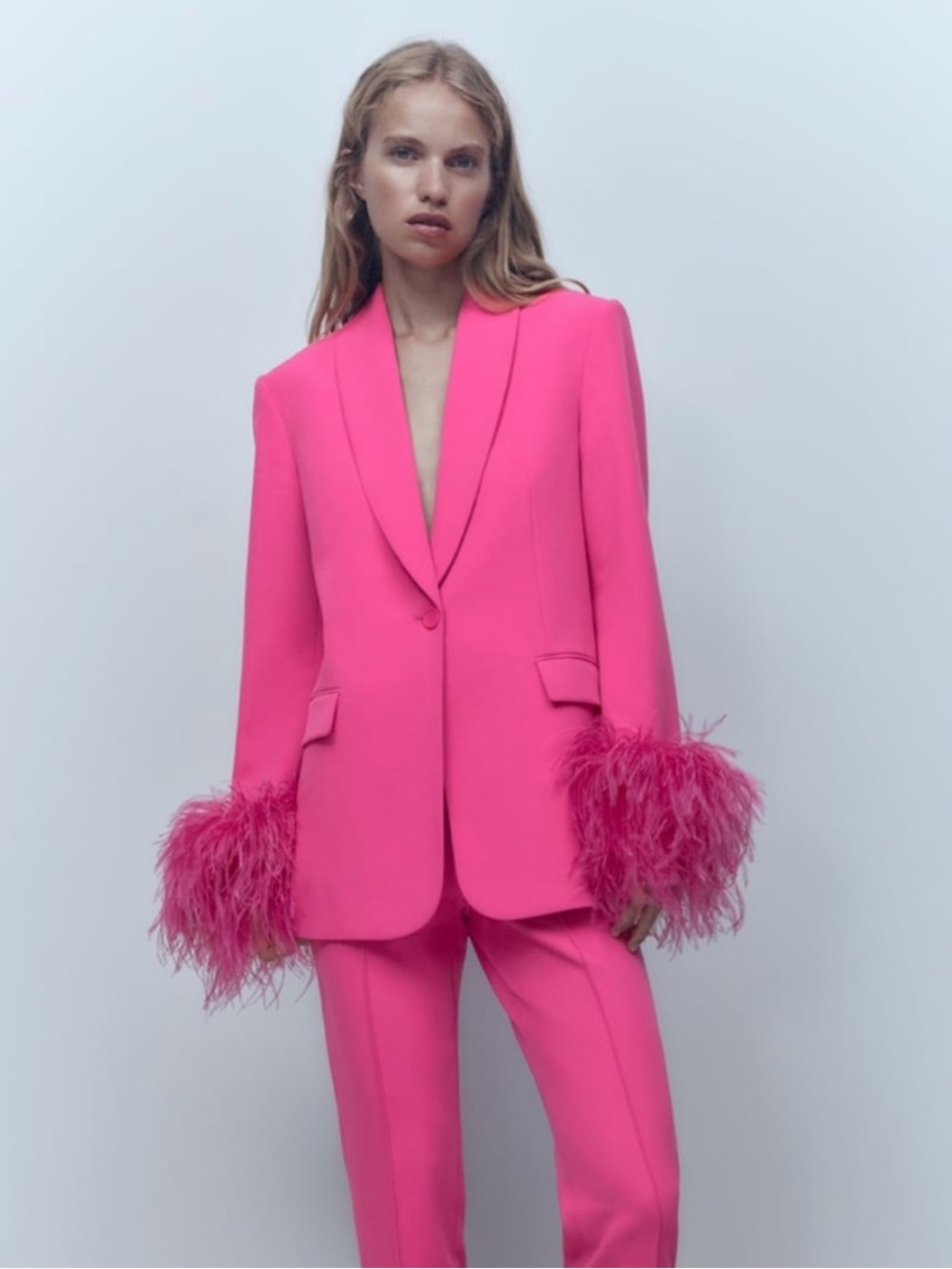 ZARA Hot Pink Fuchsia Oversized Feather Cuff Blazer Size M Statement Piece